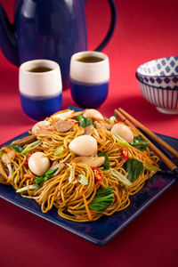 Close-up of food served on table