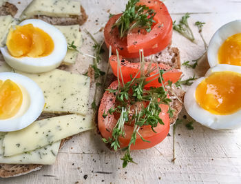 High angle view of breakfast served on table