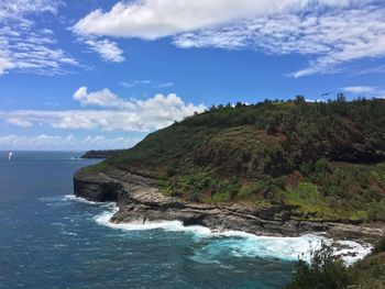 Scenic view of sea and mountains against sky