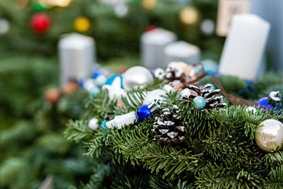 Close-up of christmas decorations on tree