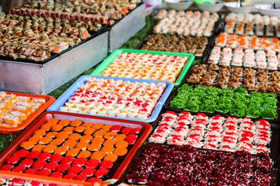 High angle view of candies for sale at market