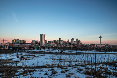 Scenic view of snow covered buildings against sky during sunset