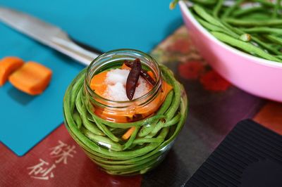 High angle view of fruit in glass on table