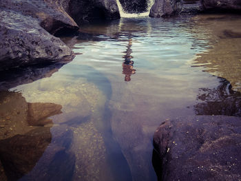 High angle view of rocks in river