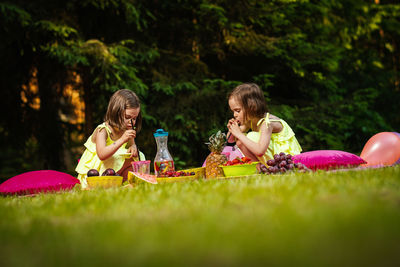 Cute siblings having food and drink in park