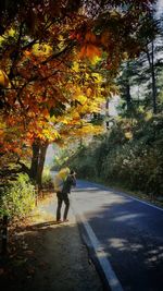 Man walking on road amidst trees during autumn