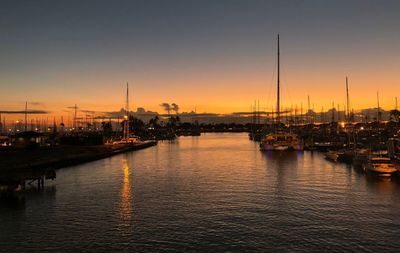 View of harbor at sunset