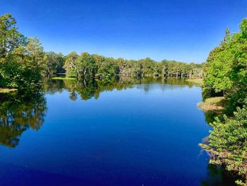 Scenic view of lake against clear blue sky