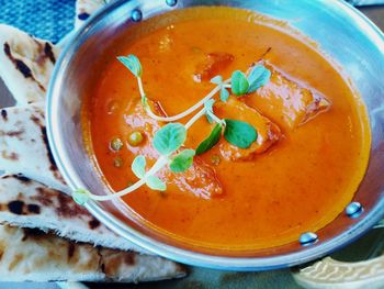 High angle view of soup in bowl