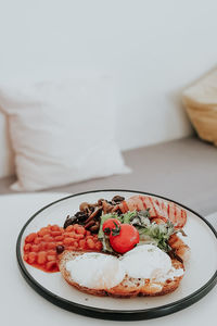 High angle view of breakfast served in plate