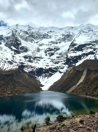 Scenic view of lake and snowcapped mountains against sky