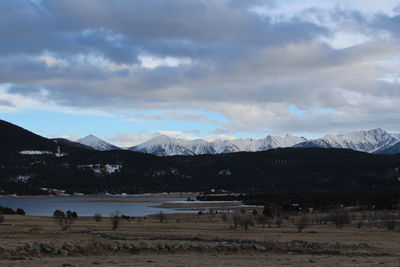 Scenic view of snowcapped mountains against sky