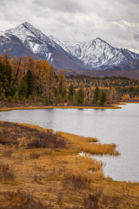 Scenic view of lake by snowcapped mountains against sky