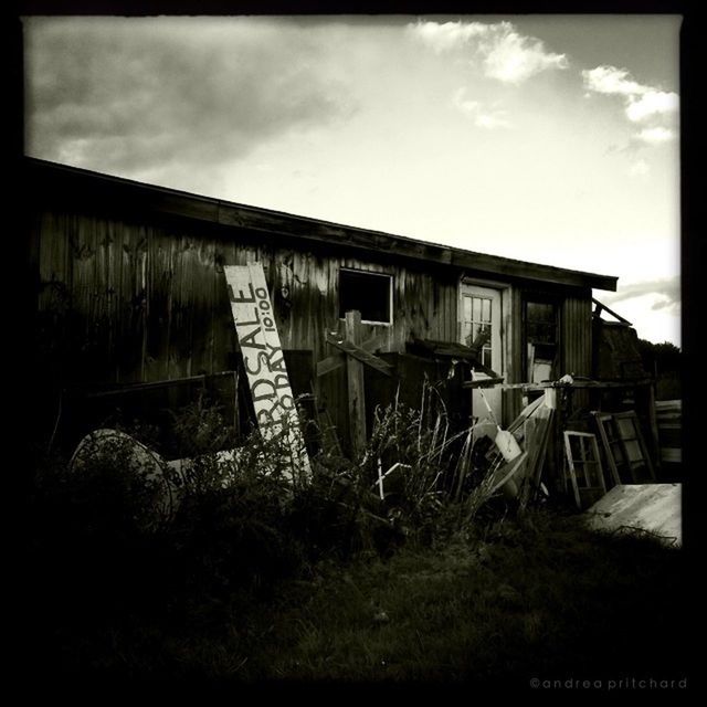 abandoned, architecture, sky, built structure, damaged, obsolete, building exterior, run-down, cloud - sky, deterioration, house, old, auto post production filter, cloudy, weathered, cloud, transfer print, day, no people, grass