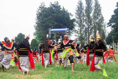 Group of people on field by trees against sky