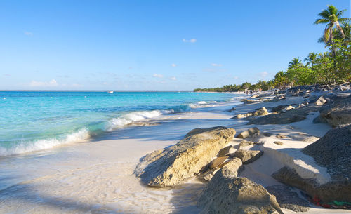 Scenic view of beach against clear blue sky