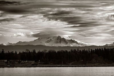 Scenic view of lake and mountains against sky