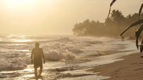 Rear view of man at beach against sky during sunset