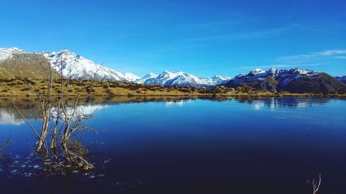 Scenic view of lake and snowcapped mountains against blue sky