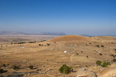 Scenic view of landscape against clear blue sky