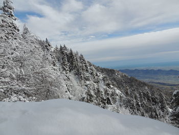 Scenic view of snow covered mountains against sky