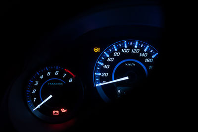 Close-up of speedometer in car