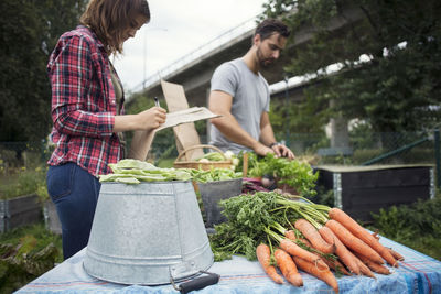 Mid adult couple working at table full of harvested carrots at urban garden