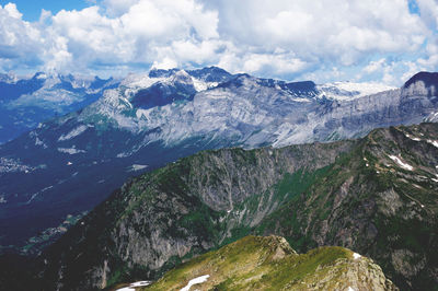 Scenic view of mountains against cloudy sky