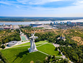 High angle view of cityscape against sky