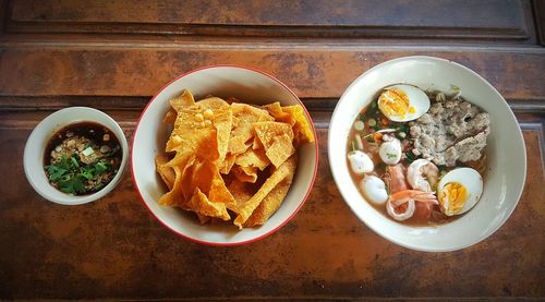 High angle view of breakfast served on table