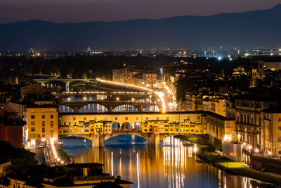 Illuminated bridge over river in city at night