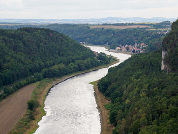 Scenic view of river amidst green landscape against sky