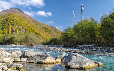 Scenic view of river by trees against sky