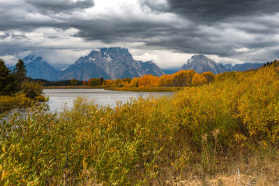 Scenic view of lake and mountains against sky