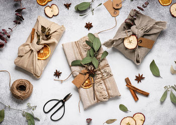 High angle view of christmas decorations on table