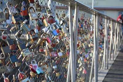 Padlocks hanging on bridge in city