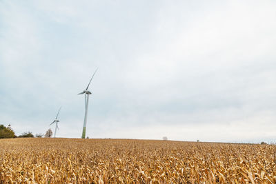 Wind turbine in a field for sustainable energy and against climate change and global warming