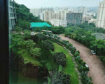 High angle view of cityscape and trees in city