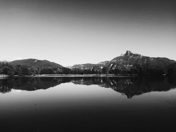 Reflection of trees and mountains in calm lake