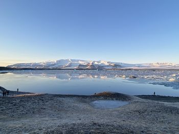 Scenic view of snowcapped mountains against clear blue sky