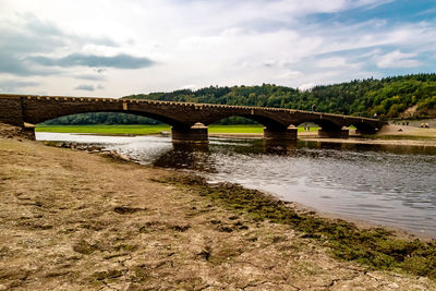 Arch bridge over river against sky