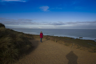 Rear view of man walking on beach against sky