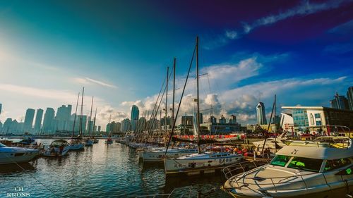 Boats moored at harbor