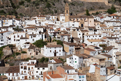 High angle view of buildings in town