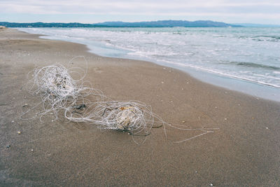 Plastic string washed up on a beach. you see the environmental problem with plastic in the world