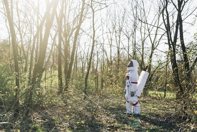 Rear view of man walking in forest