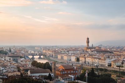 High angle view of cityscape against sky at sunset