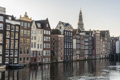Buildings in city against clear sky