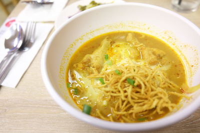 High angle view of soup in bowl on table