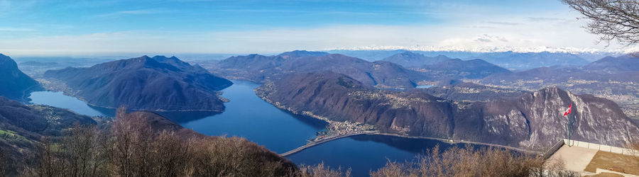 Wide angle view of lake lugano and the alps from the belvedere sighignola